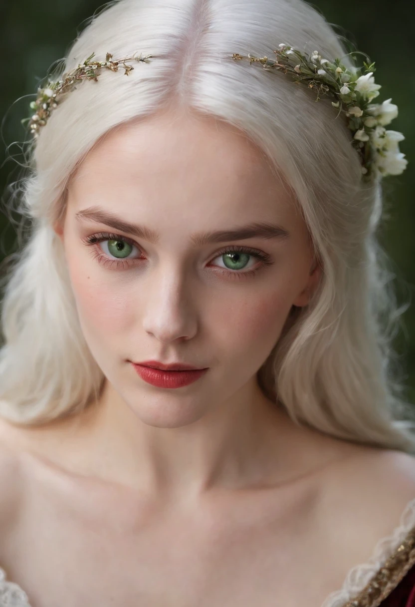 (((a deep reddish wound crosses her left cheek))) fair complexion, woman around 19 years old, natural white hair, distinctive green eyes, wearing kohl, slender and graceful, beautiful, candlelight in a medieval setting, ultra sharp focus, realistic shot, medieval female clothes, tetradic colors (scar:1.4)