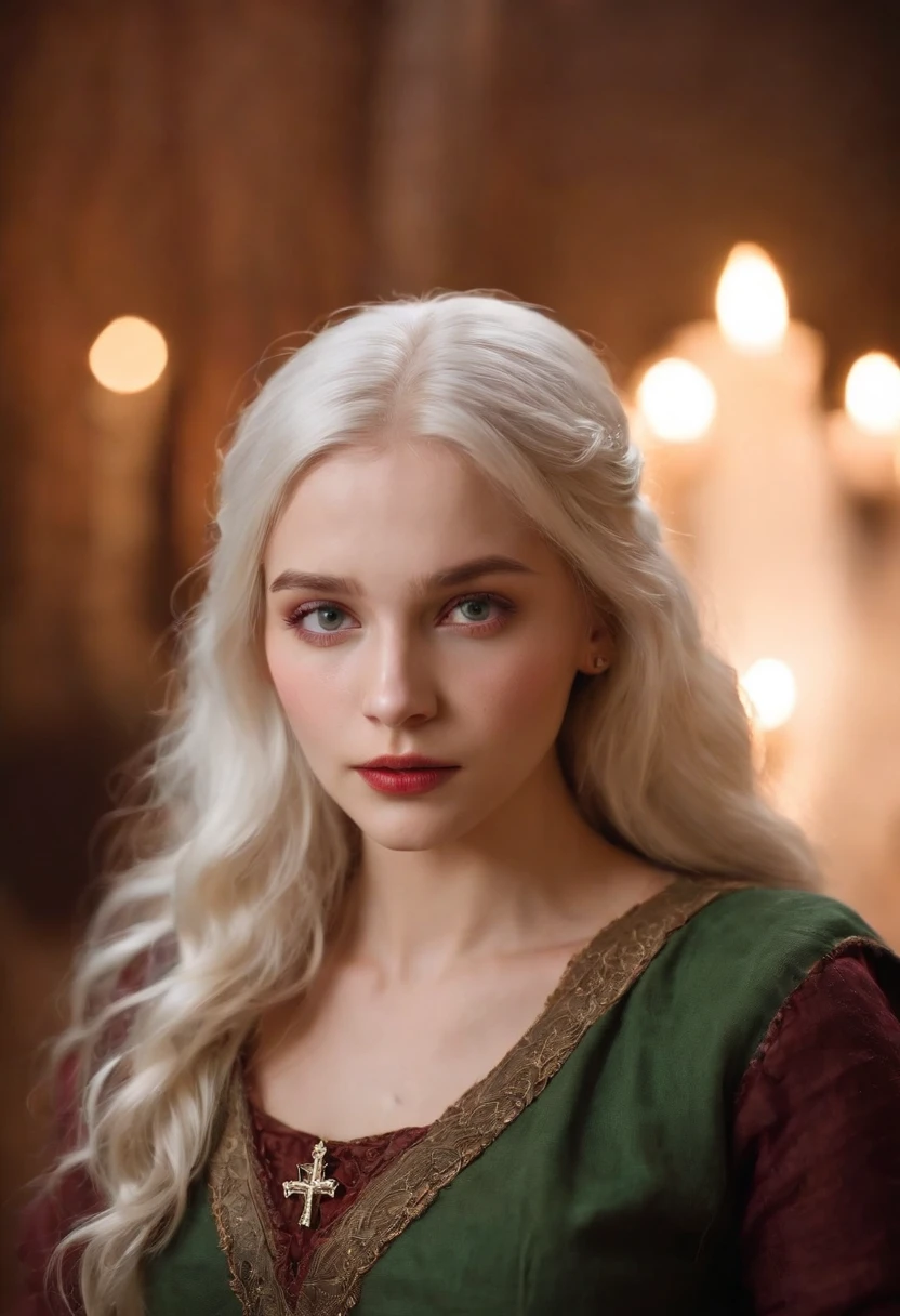 (((a deep reddish wound crosses her left cheek))) fair complexion, woman around 19 years old, natural white hair, distinctive green eyes, wearing kohl, slender and graceful, beautiful, candlelight in a medieval setting, ultra sharp focus, realistic shot, medieval female clothes, tetradic colors (scar:1.4)