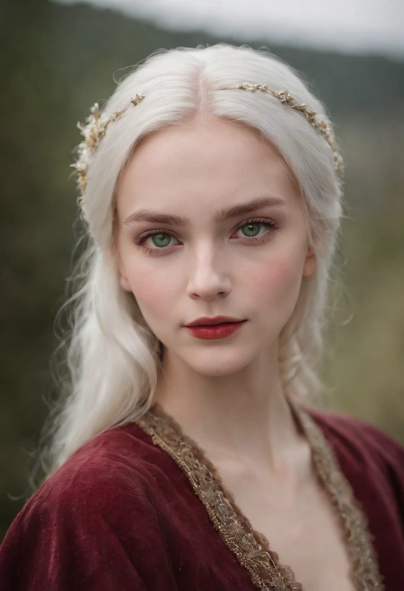 (((a deep reddish wound crosses her left cheek))) fair complexion, woman around 19 years old, natural white hair, distinctive green eyes, wearing kohl, slender and graceful, beautiful, candlelight in a medieval setting, ultra sharp focus, realistic shot, medieval female clothes, tetradic colors (scar:1.4)