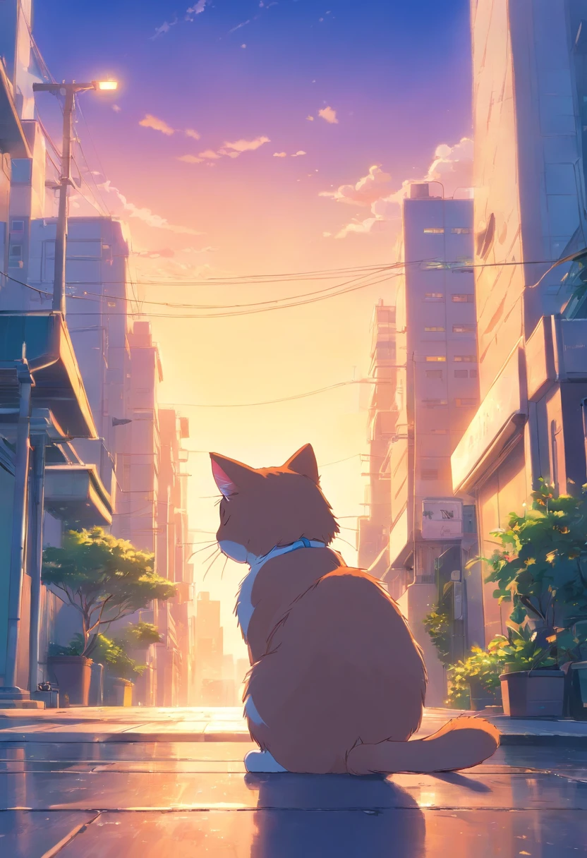 Kitten looking at the city with buildings and trees from afar