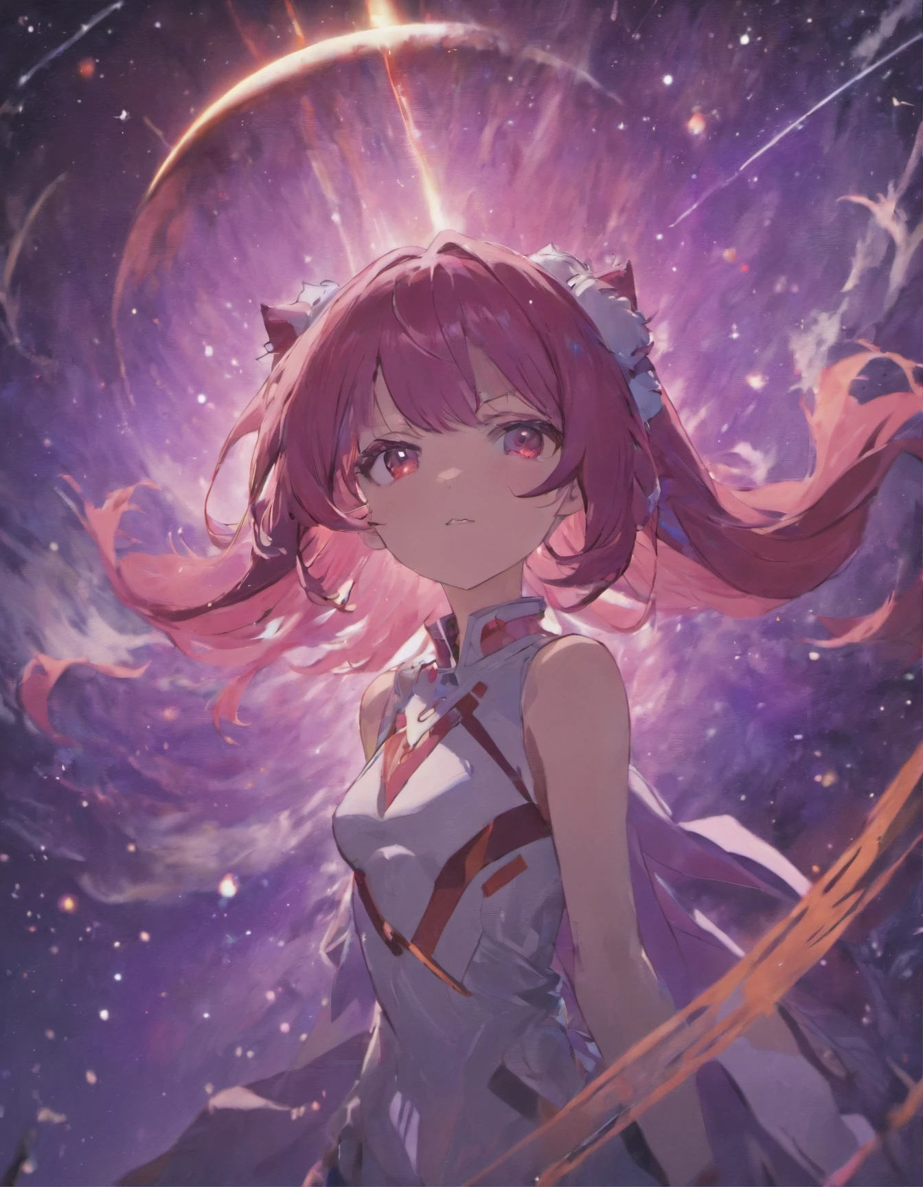 Cosmic foxgirl, foxgirl in space, red eyes, intense eyes, long purple hair, small breasts, lonely expression, fox ears, dark purple hair, vivid background, space debris in background, dark plum colored hair, large fox ears, planets in background, looking into the distance