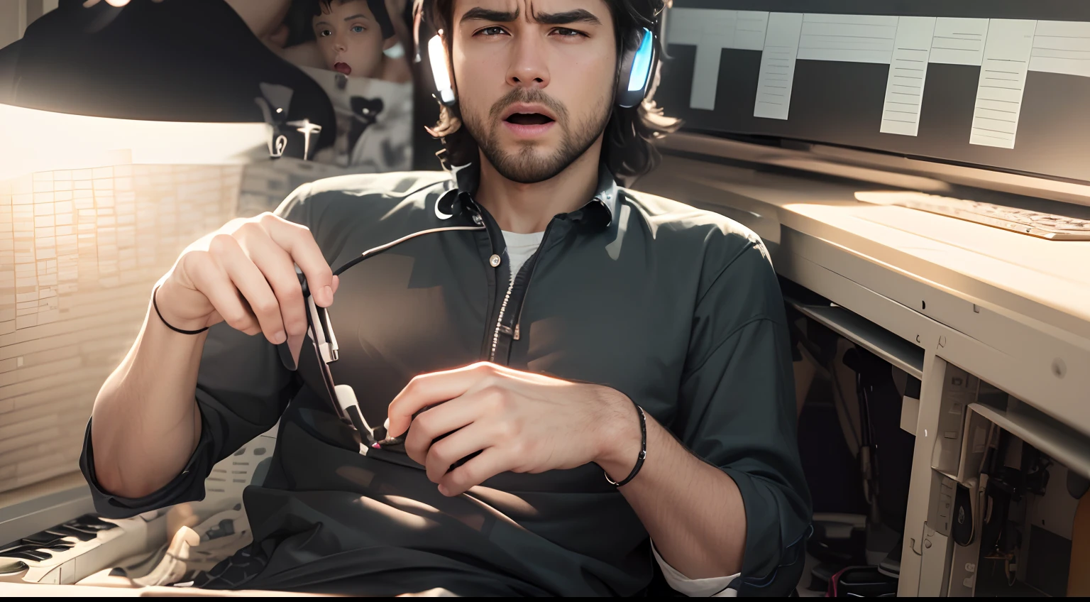 Masterpiece, high quality, best quality, HD, realistic, perfect lighting, detailed body, 1 man, short black hair, white t-shirt, serious expression, wearing headphones, open mouth, singing, sitting in front of the piano, playing the piano, facing the computer monitor, in the room