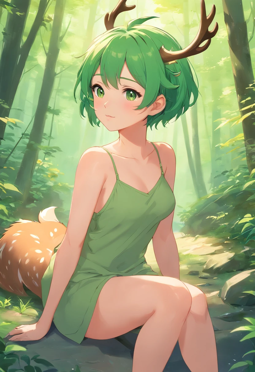 beautiful deer girl with short pixie green hair and curvy body type, chubby, , nsfw