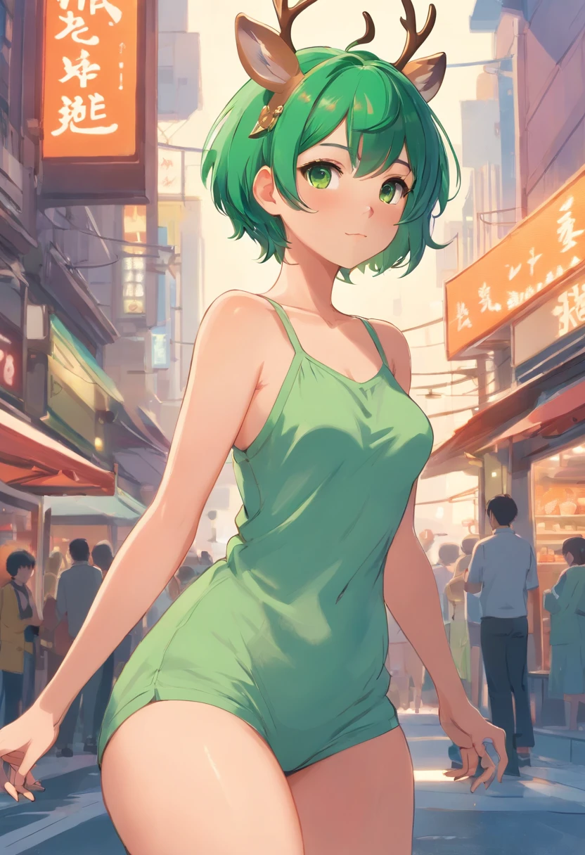 beautiful deer girl with short pixie green hair and curvy body type, chubby, , nsfw