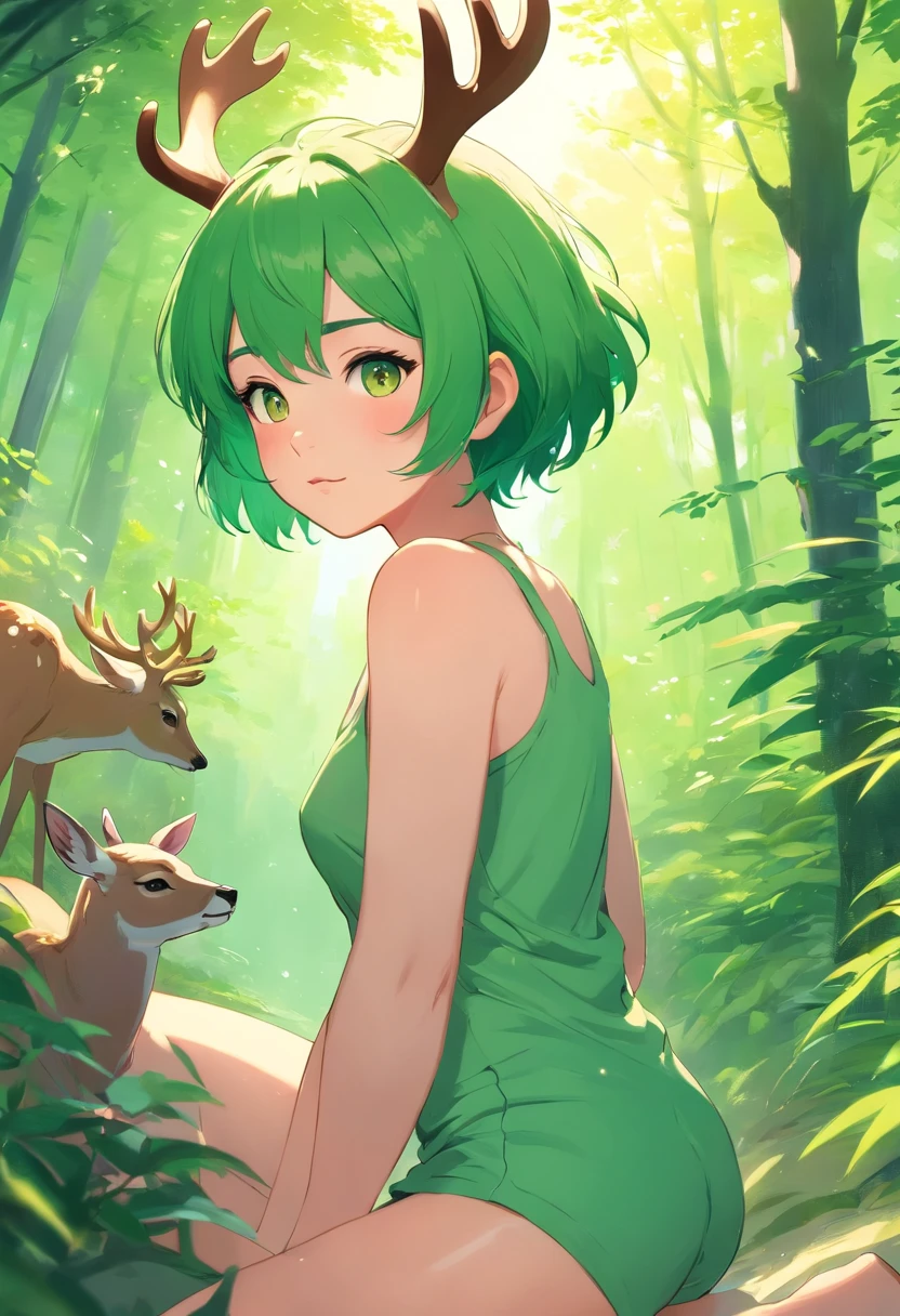 beautiful deer girl with short pixie green hair and curvy body type, chubby, , nsfw