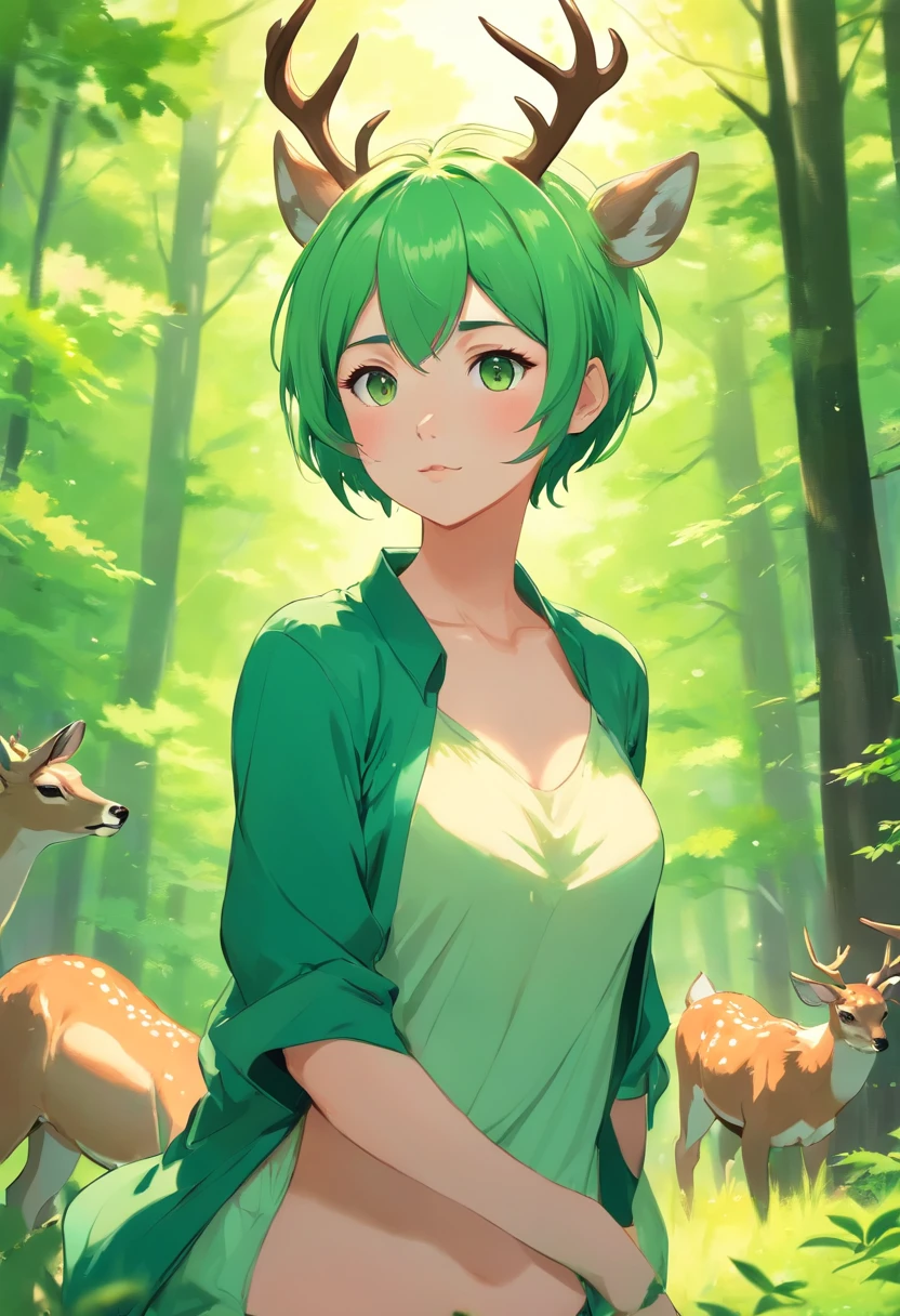beautiful deer girl with short pixie green hair and curvy body type, chubby, , nsfw