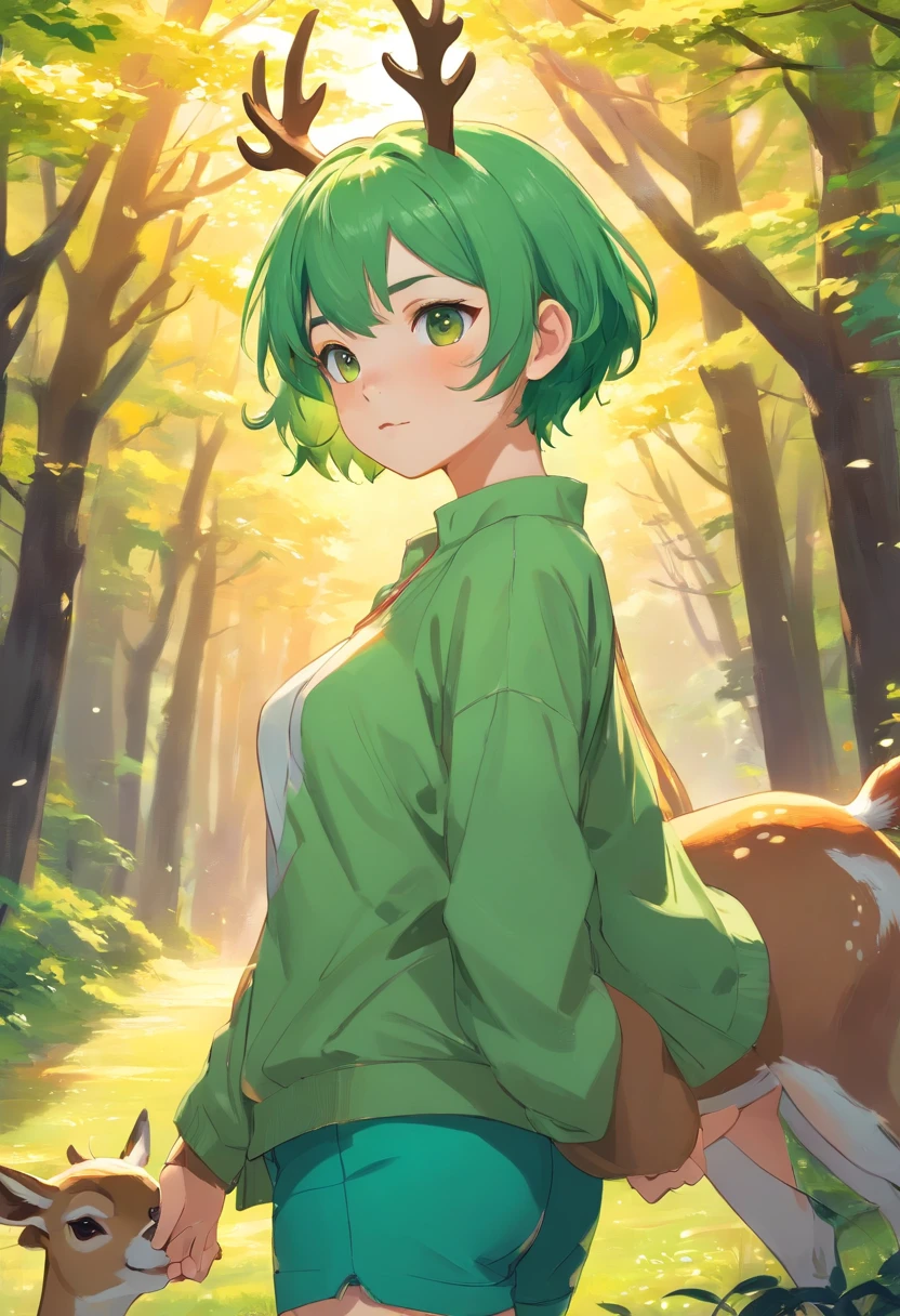 beautiful deer girl with short pixie green hair and curvy body type, chubby, , nsfw