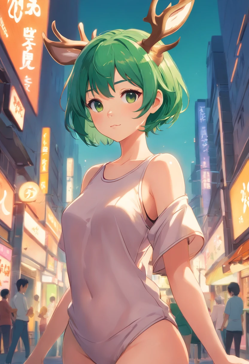 beautiful deer girl with short pixie green hair and curvy body type, chubby, , nsfw