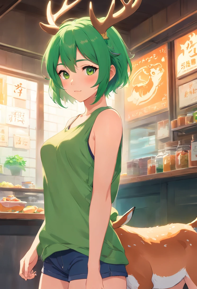 beautiful deer girl with short pixie green hair and curvy body type, chubby, , nsfw