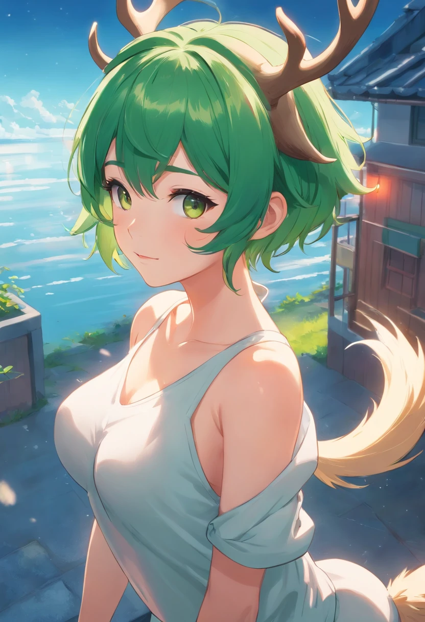 beautiful deer girl with short pixie green hair and curvy body type, chubby, , nsfw