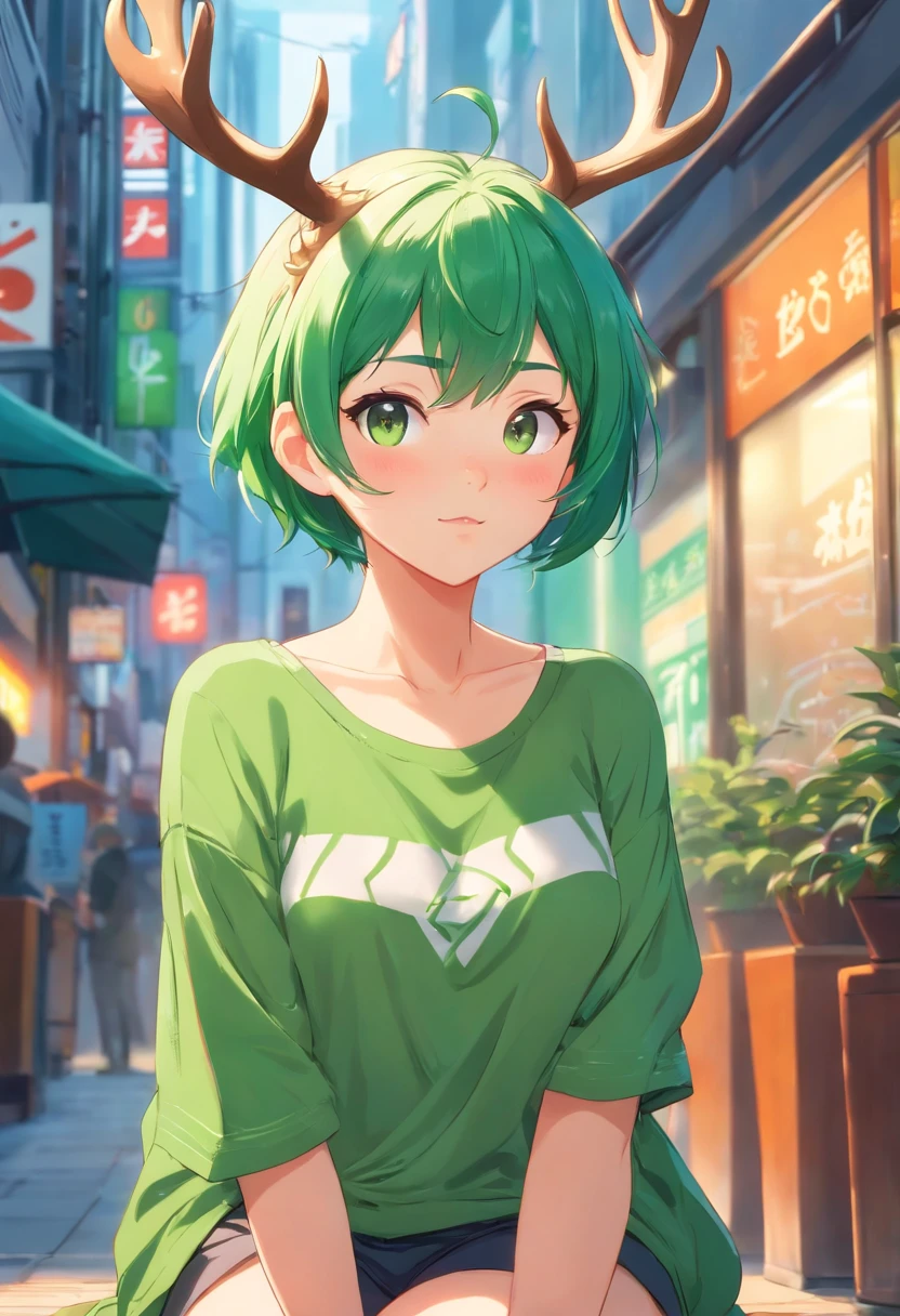beautiful deer girl with short pixie green hair and curvy body type, chubby, , nsfw