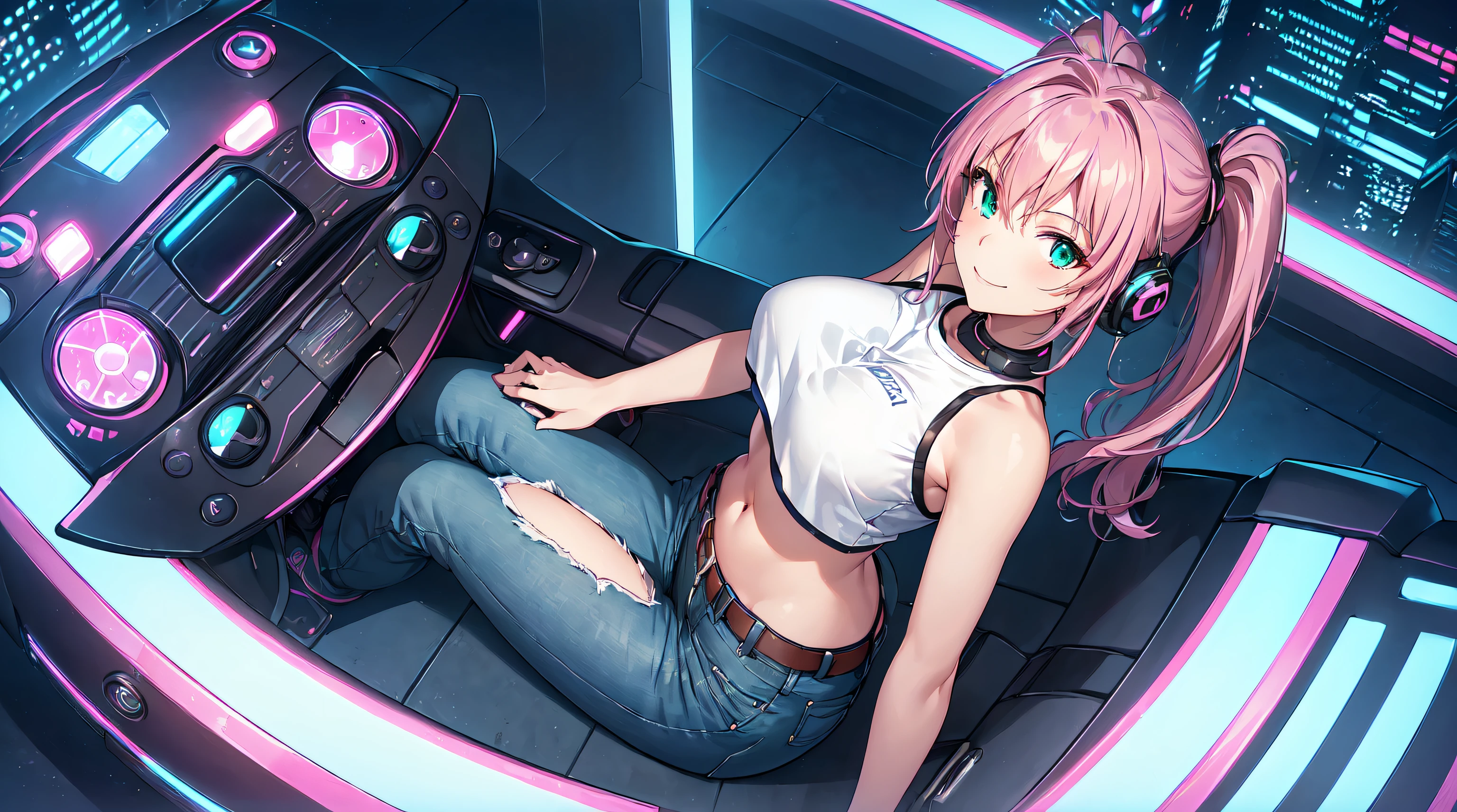 masterpiece, 1girl ((20year old, crop top shirt exposes navel, tight blue jeans, knee-high boots, medium breasts, multicolor pink hair, twin ponytails, green eyes, flirting, happy, big smile, looking up, headphones, sitting on a sports car, neon lights and towering skyscrapers, futuristic and energetic atmosphere), ((nighttime)) ((high camera angle, top view))