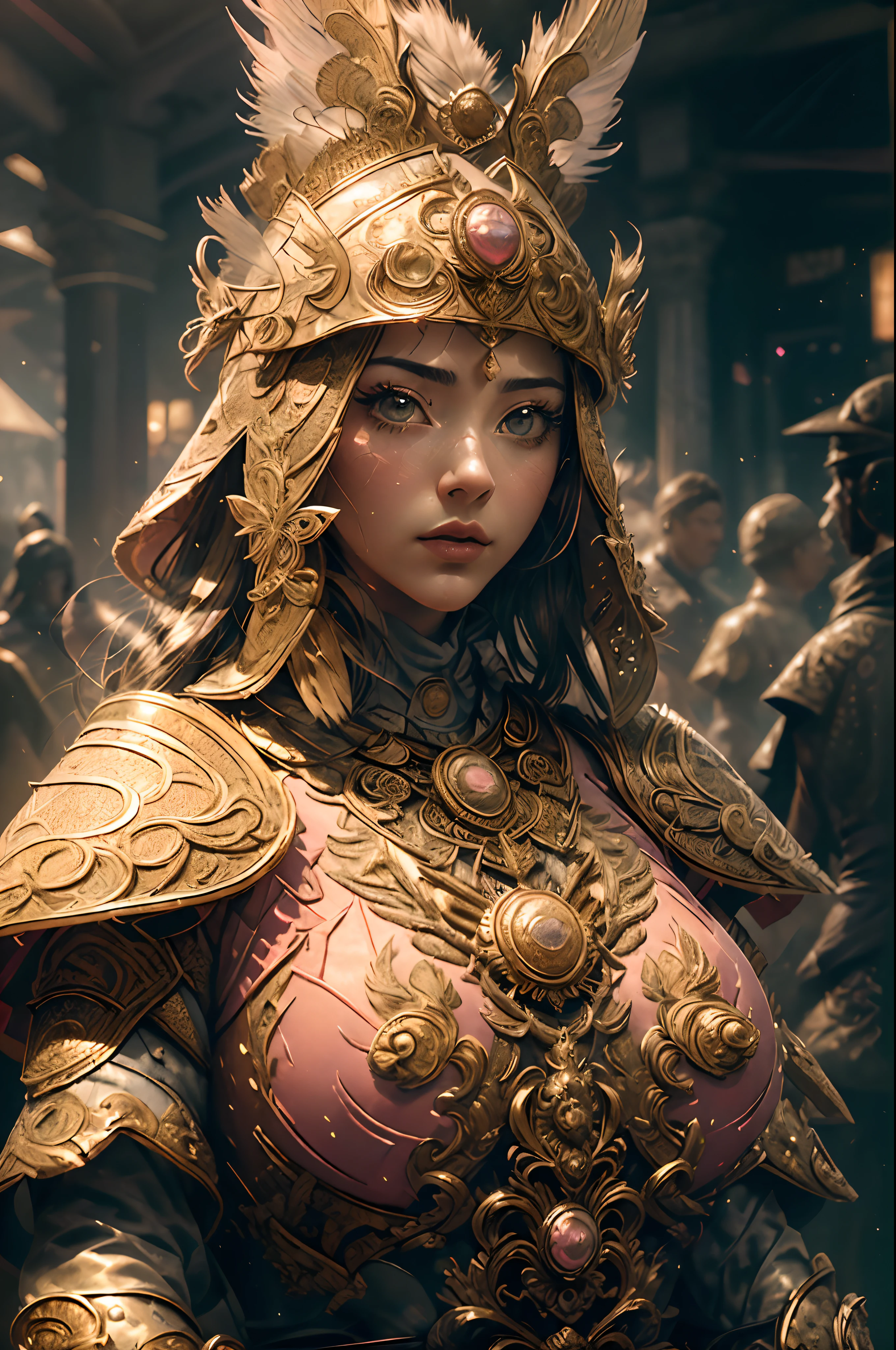 (Masterpiece:1.2), Best Quality, (illustartion:1.2), (Ultra-detailed),eyes focus,(Masterfully crafted Glow, Pink glare lens), (Cinematic background), hyper-detailing, (delicate detailed), (intricate details), Octane Render, HDR, (hyper-detailing:1.15), (soft light:1.2), Extraordinarily beautiful young lady, light makeup, big breastes,  Intricate, More information on EABA, red cape, spear