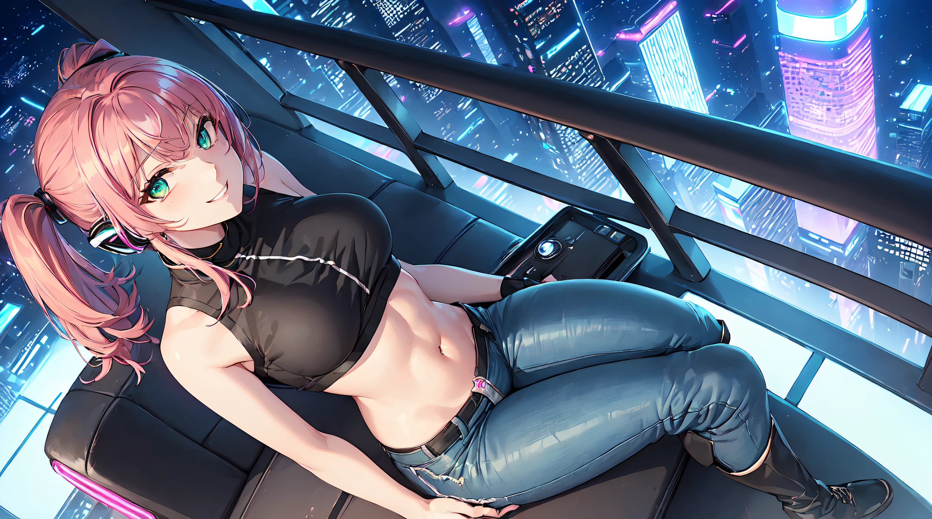 masterpiece, 1girl ((20year old, crop top shirt exposes navel, tight blue jeans, knee-high boots, medium breasts, multicolor pink hair, twin ponytails, green eyes, flirting, happy, big smile, looking up, headphones, sitting on a sports car, neon lights and towering skyscrapers, futuristic and energetic atmosphere), ((nighttime)) ((high camera angle, top view))