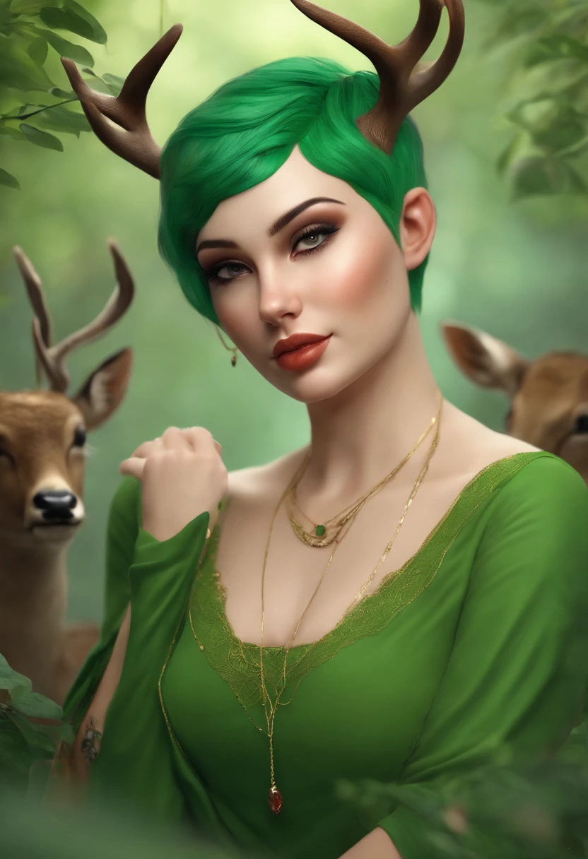 beautiful deer girl with short pixie green hair and curvy body type, chubby, , nsfw