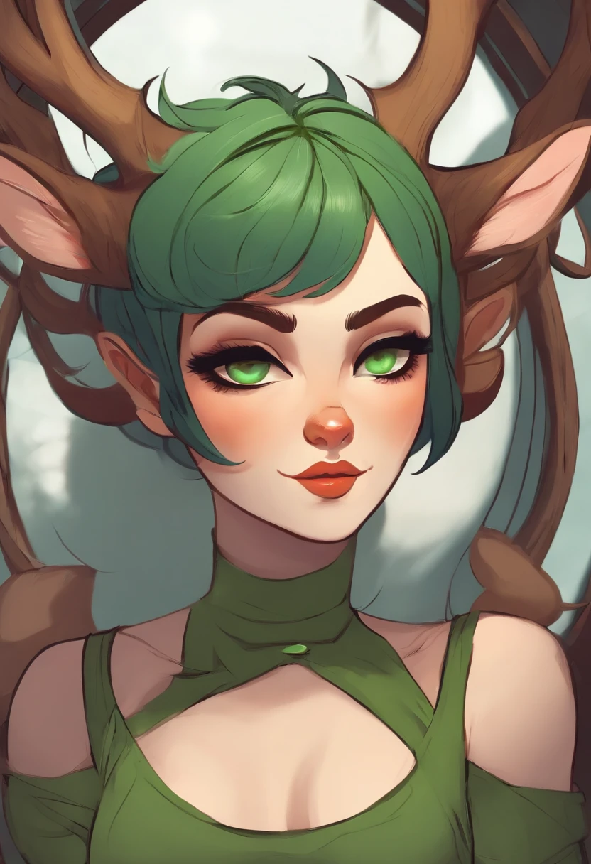 beautiful deer girl with short pixie green hair and curvy body type, chubby, , nsfw