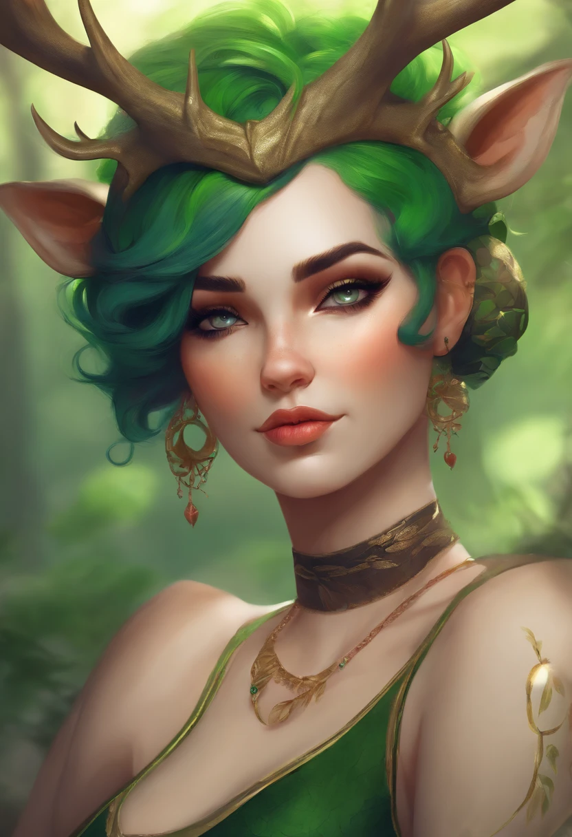 beautiful deer girl with short pixie green hair and curvy body type, chubby, , nsfw