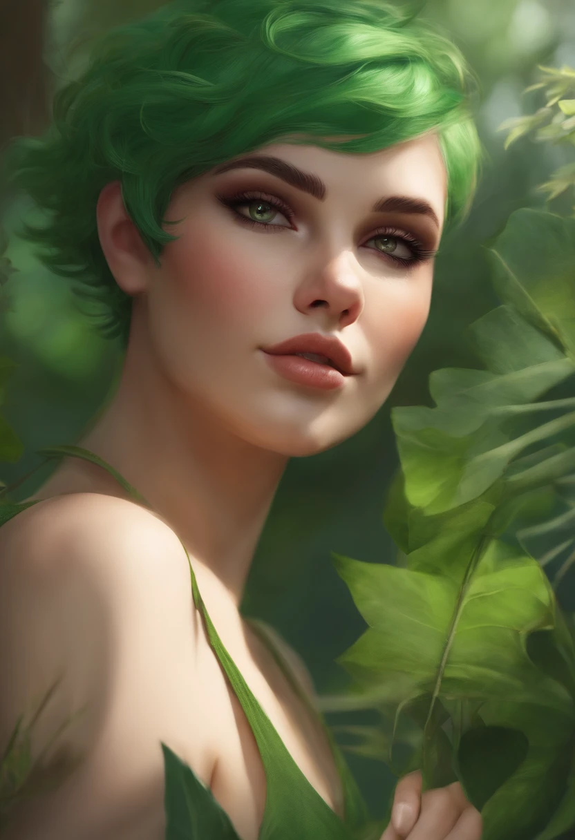 beautiful deer girl with short pixie green hair and curvy body type, chubby, , nsfw