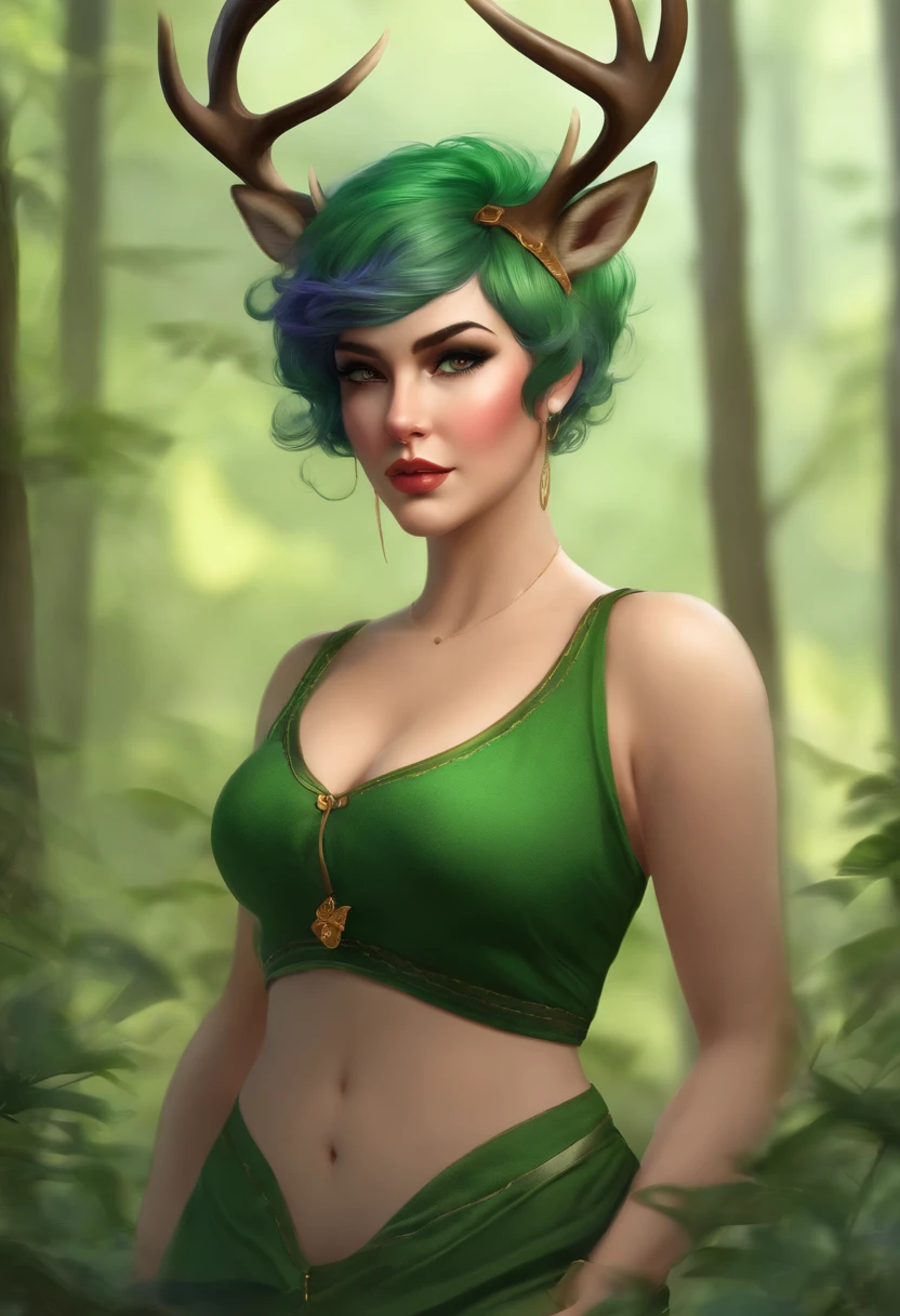beautiful deer girl with short pixie green hair and curvy body type, chubby, , nsfw