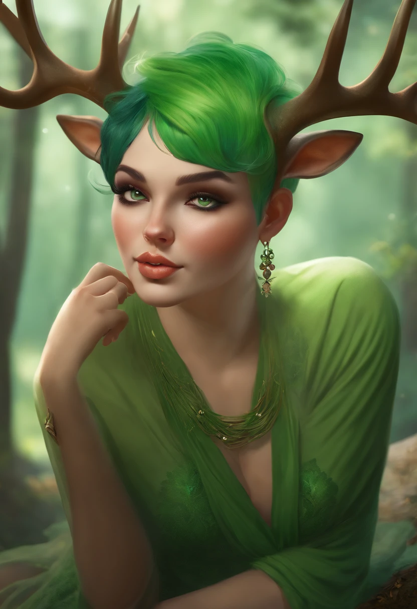 beautiful deer girl with short pixie green hair and curvy body type, chubby, , nsfw