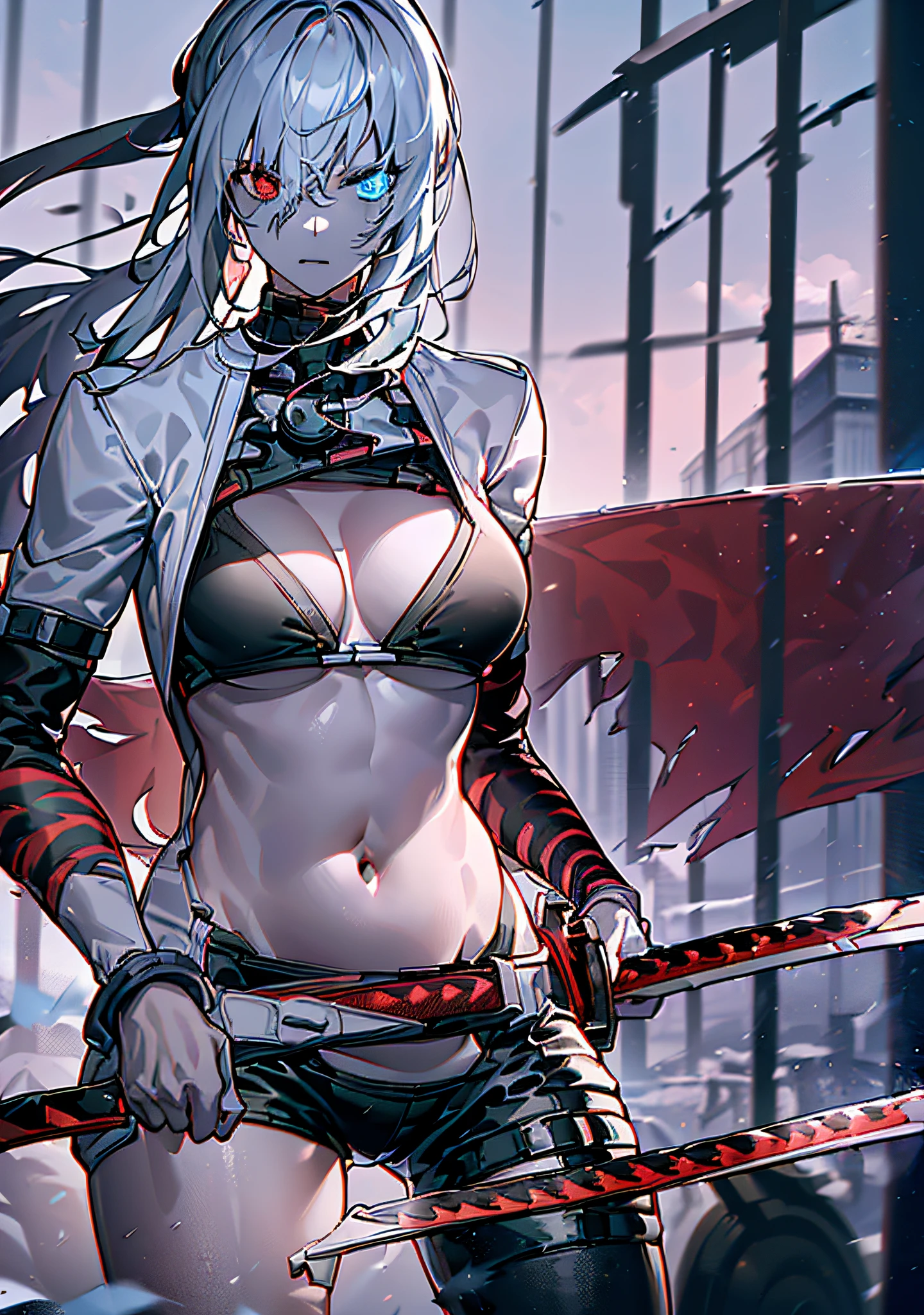 (((good face, good eyes, beautiful face, good mouth, good nose))), (((stomach, nice belly, thin, skinny, ribs, nice navel))), ((ribs)), (((perfect anatomy))), ((anime girl, anime)), detailed background, highres, official art, (masterpiece, best quality, absurdres), ((1girl, solo)), full body, solo focus, (red eye | blue eye), white long hair, belt, glowing, hair between eyes, heterochromia, (((holding, holding sword, holding weapon))), jacket, medium breasts, navel, shorts, sword, thigh strap, thighhighs, expression face, ((parted lips)), standing, (((ruins, city))), ((((only one sword))))