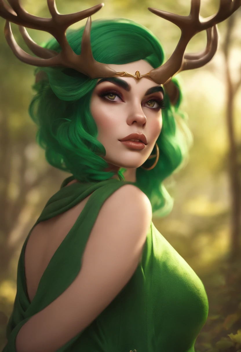 beautiful deer girl with short pixie green hair and curvy body type, chubby, , nsfw