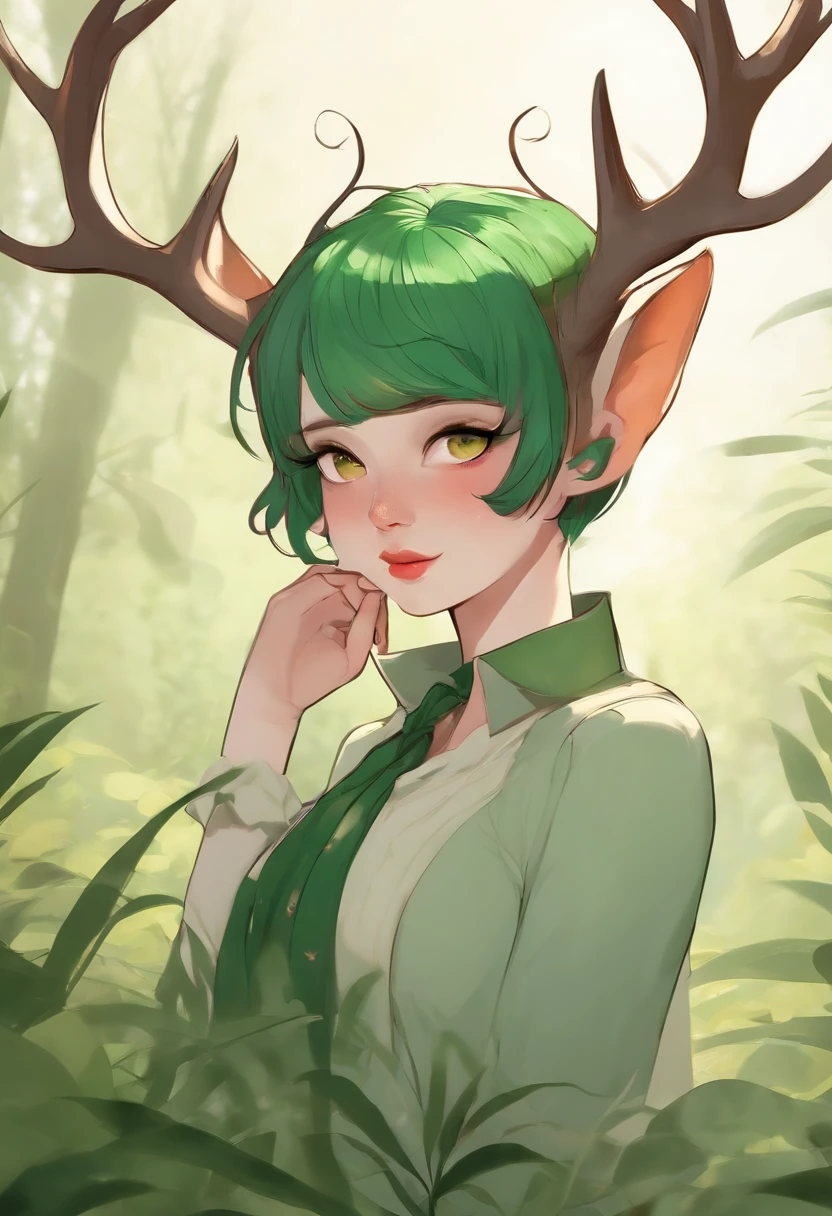 beautiful deer girl with short pixie green hair and curvy body type, chubby, , nsfw