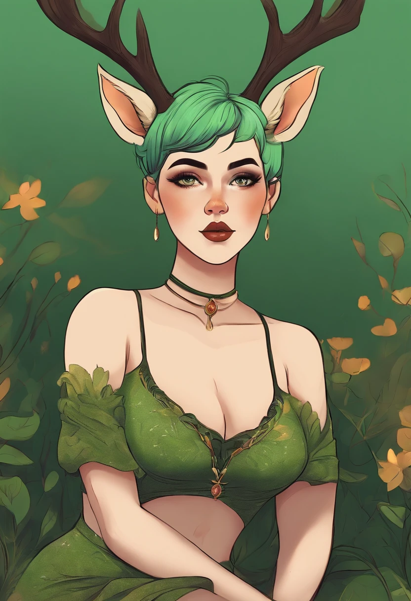 beautiful deer girl with short pixie green hair and curvy body type, chubby, , nsfw