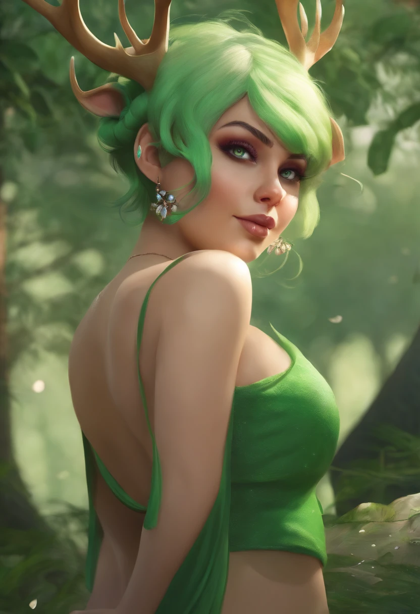 beautiful deer girl with short pixie green hair and curvy body type, chubby, , nsfw