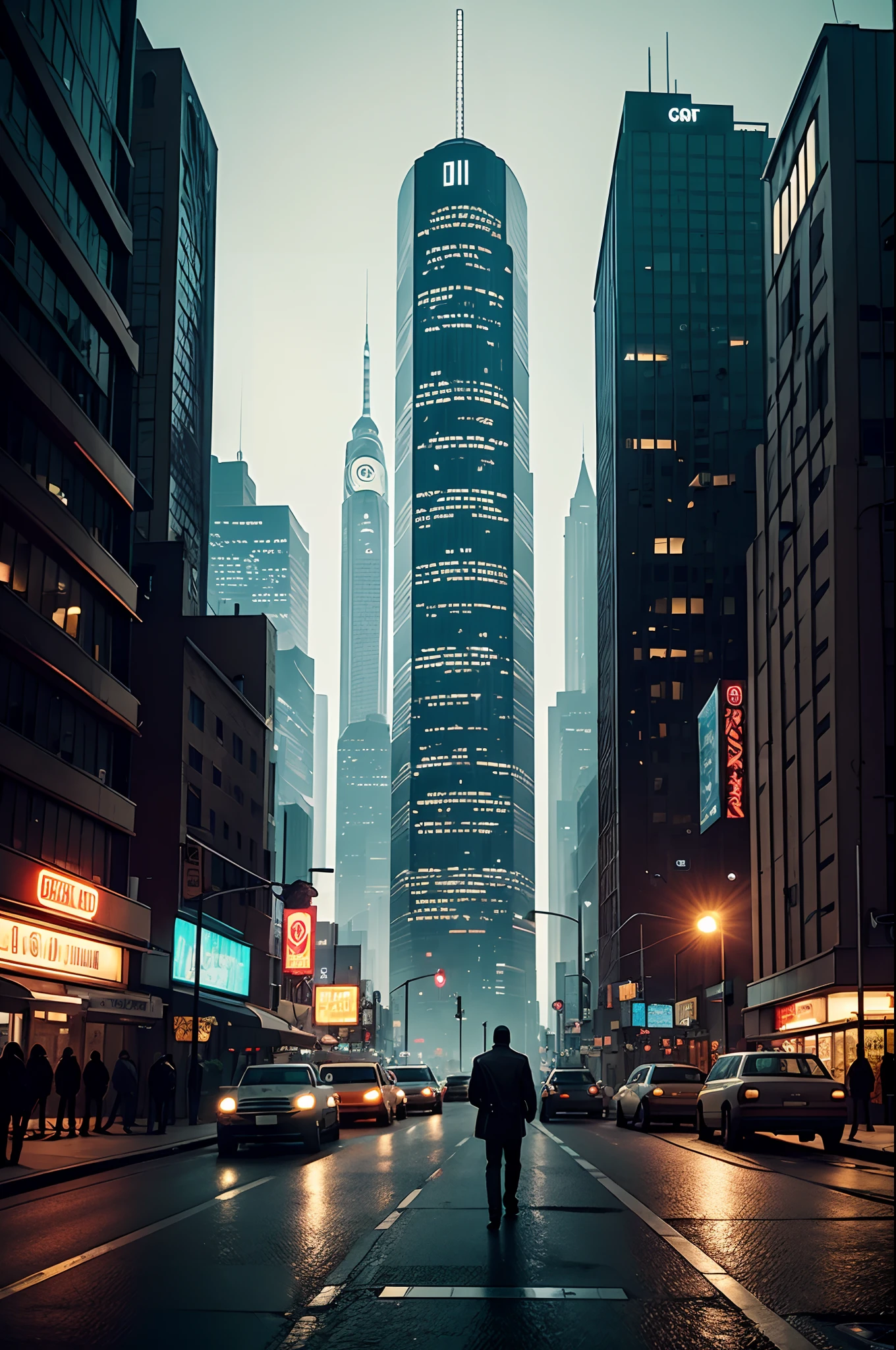 Craft the GTA IV texture in a digital illustration akin to the works of Simon Stålenhag. Design a dystopian cityscape with retro-futuristic elements, such as flying cars and futuristic buildings. The color temperature should lean towards desaturated tones, giving the scene a melancholic atmosphere. Depict characters with subtle, enigmatic facial expressions that hint at the mysteries of this urban world. Illuminate the city with soft, diffused lighting to create a dreamlike ambiance