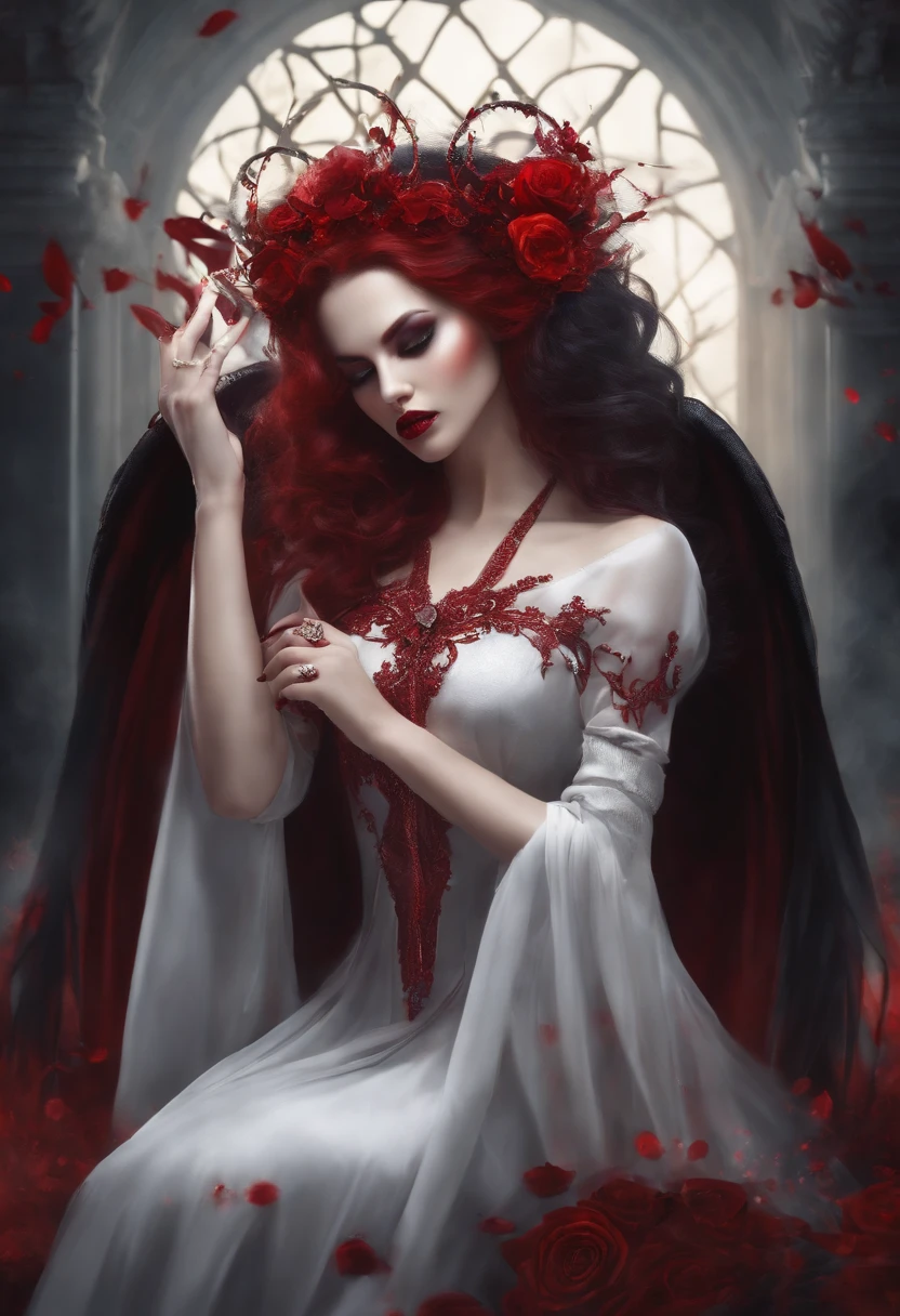 Full body, vampire lord, 1girl, blood halo behind her, long red nails