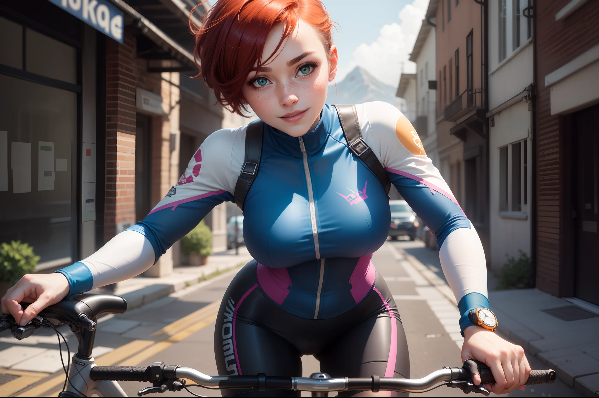 gwen tennyson,1girl,tracer,d.va,rebecca chambers,overwatch,gundam,close up,mecha pilot,mountain view,blue and silver plugsuit,hair pin,pirate corset,white long sleeve lycra top,white leggings,short hair,cute makeup,green eyes,orange and blue hair,shy smile, freckles,redhead,beautiful girl,large breasts,ultra detailed,realistic,fantasy art, cyclist jacket,riding a bicycle,wet clothes,