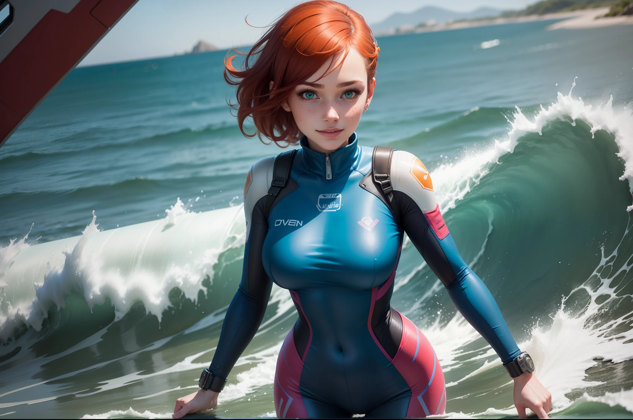 gwen tennyson,1girl,tracer,d.va,rebecca chambers,overwatch,gundam,close up,mecha pilot,ocean view,red and rose plugsuit,hair pin,pirate corset, white long sleeve lycra top,orange leggings,short hair,cute makeup,green eyes,orange and blue hair,shy smile, freckles,redhead,beautiful girl,large breasts,ultra detailed,realistic,fantasy art, sea waves,surfing jacket,inside water,