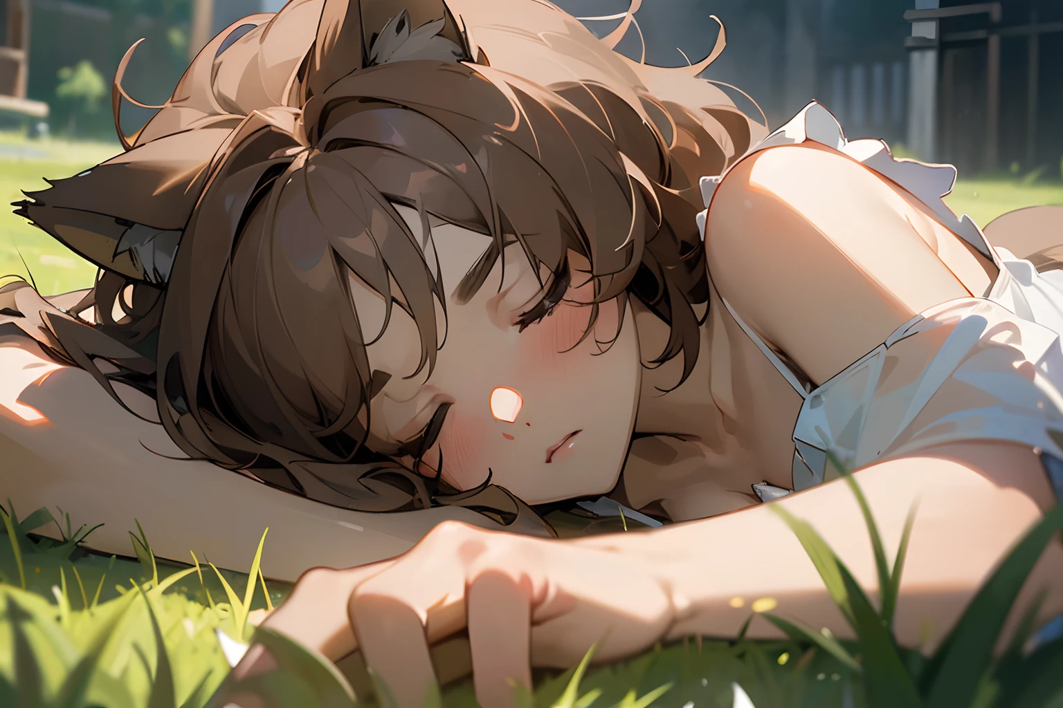 ((Masterpiece)),(Professional Photography:1.2), ((closeup face)), 8K, cinematic lighting, very messy medium hair, Cute teenage Beautiful girl, ((lie down on the beautiful lawn high hill)), (slightly exposed nipples), badly ragged and torn dirty oversized white-camisole, (Slender small breasts, sleepy face), Textured skin, cat ears, Pale brown hair, slum townscape