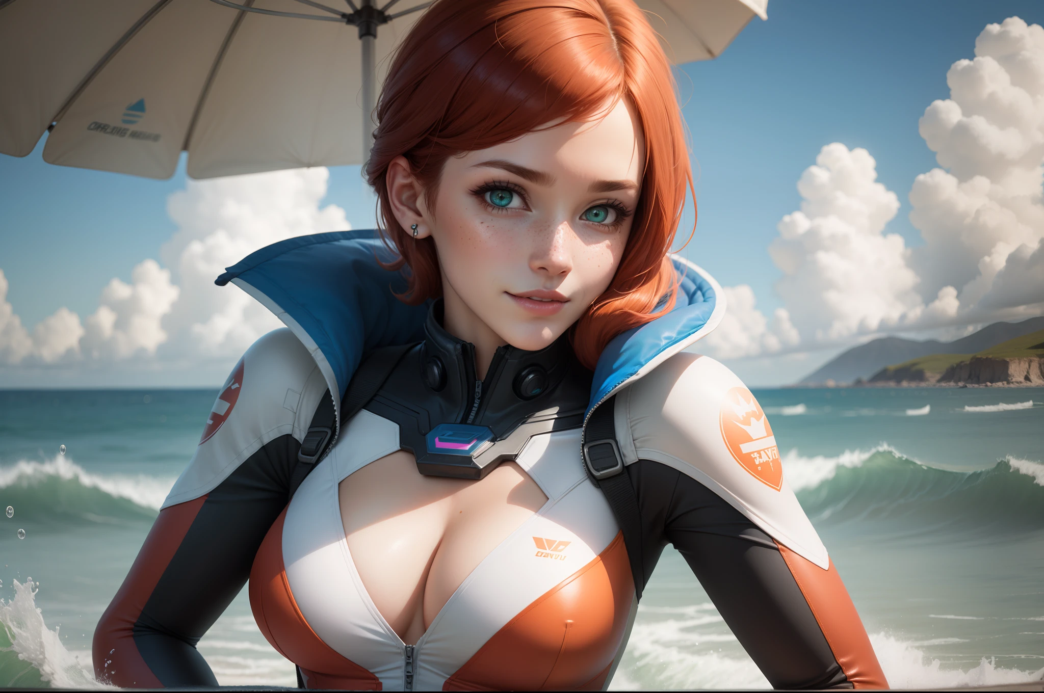 gwen tennyson,1girl,tracer,d.va,rebecca chambers,overwatch,gundam,close up,mecha pilot,ocean view,red and rose plugsuit,hair pin,pirate corset, white long sleeve lycra top,orange leggings,short hair,cute makeup,green eyes,orange and blue hair,shy smile, freckles,redhead,beautiful girl,large breasts,ultra detailed,realistic,fantasy art, sea waves,surfing jacket,inside water,