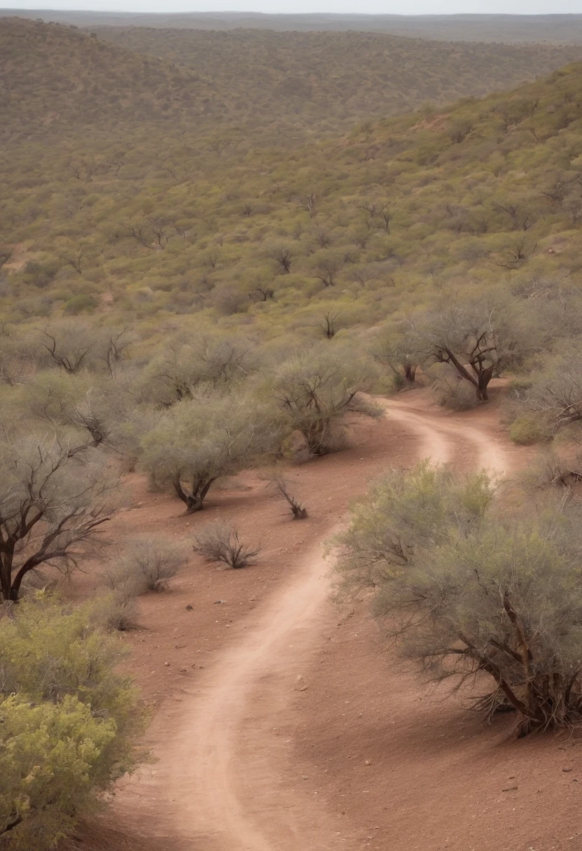 Draw a 2D board with a bird's-eye view of the caatinga. No centro, apresente um terreno limpo. Nas margens, Insert few cacti and dry trees. The ground should be barren land, refletindo o bioma nordestino