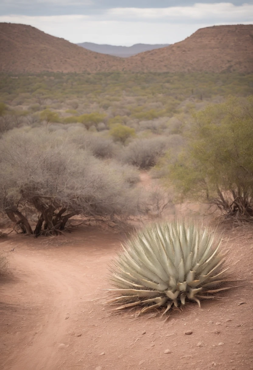 Draw a 2D board with a bird's-eye view of the caatinga. No centro, apresente um terreno limpo. Nas margens, Insert few cacti and dry trees. The ground should be barren land, refletindo o bioma nordestino