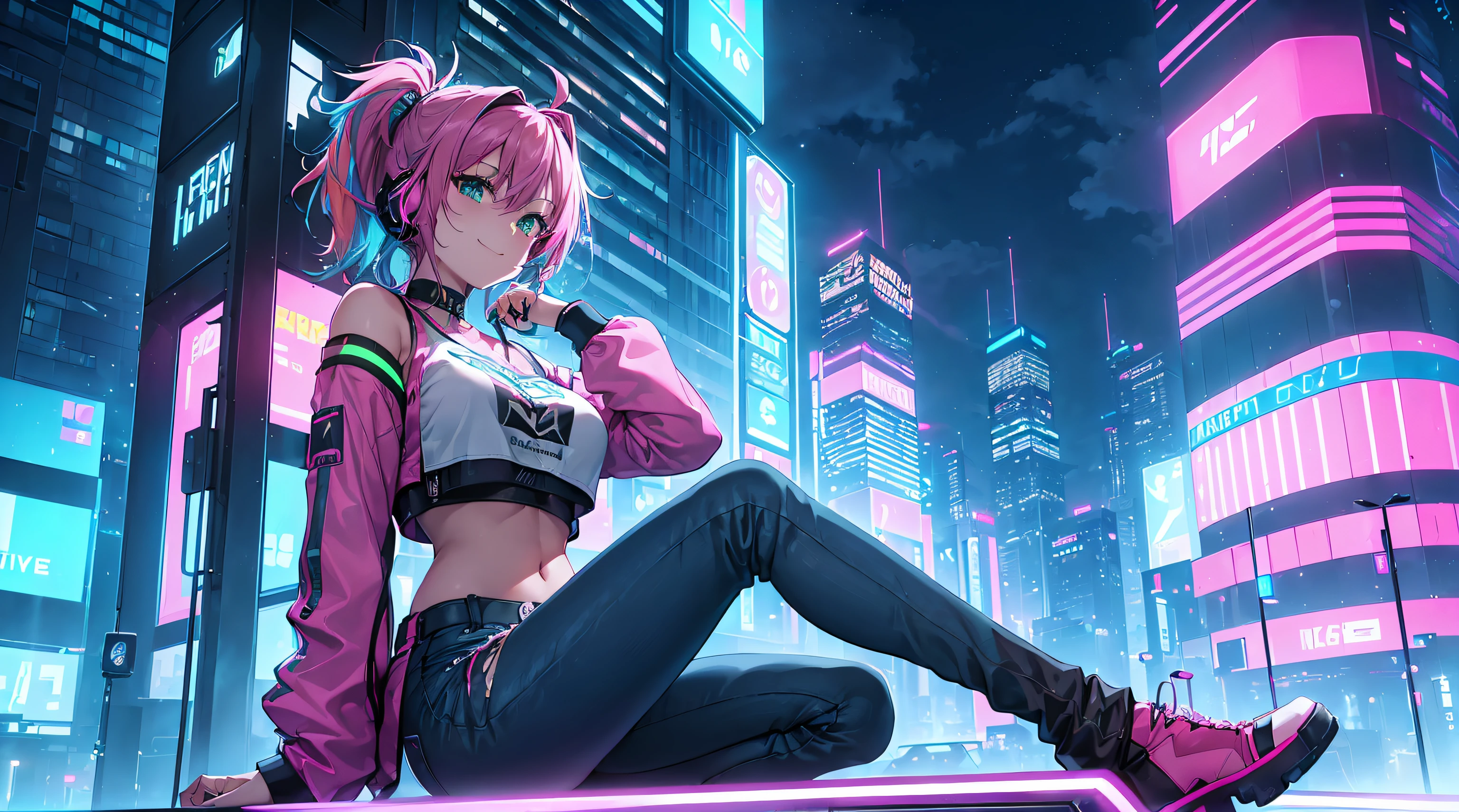 ​masterpiece, 1girl ((20year old, crop top shirt exposes navel, tight blue jeans, knee-high boots, medium breasts, multicolor pink hair, twin ponytails, green eyes, flirting, happy, big smile, looking towards camera, headphones, sitting on top of a sports car in the middle of a futuristic urban street, neon lights and towering skyscrapers, futuristic and energetic atmosphere), ((nighttime))