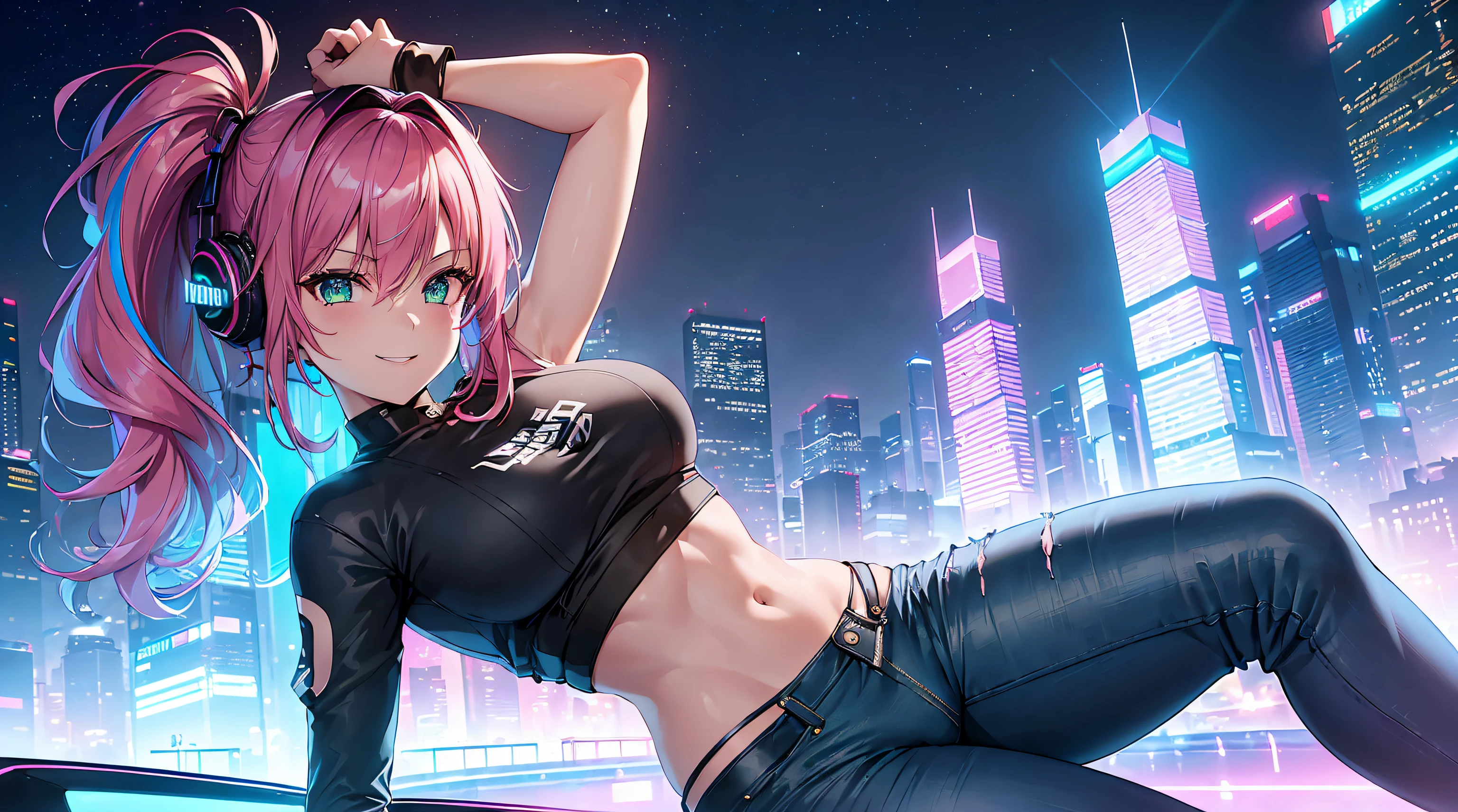 ​masterpiece, 1girl ((20year old, crop top shirt exposes navel, tight blue jeans, knee-high boots, medium breasts, multicolor pink hair, twin ponytails, green eyes, flirting, happy, big smile, looking towards camera, headphones, sitting on top of a sports car in the middle of a futuristic urban street, neon lights and towering skyscrapers, futuristic and energetic atmosphere), ((nighttime))