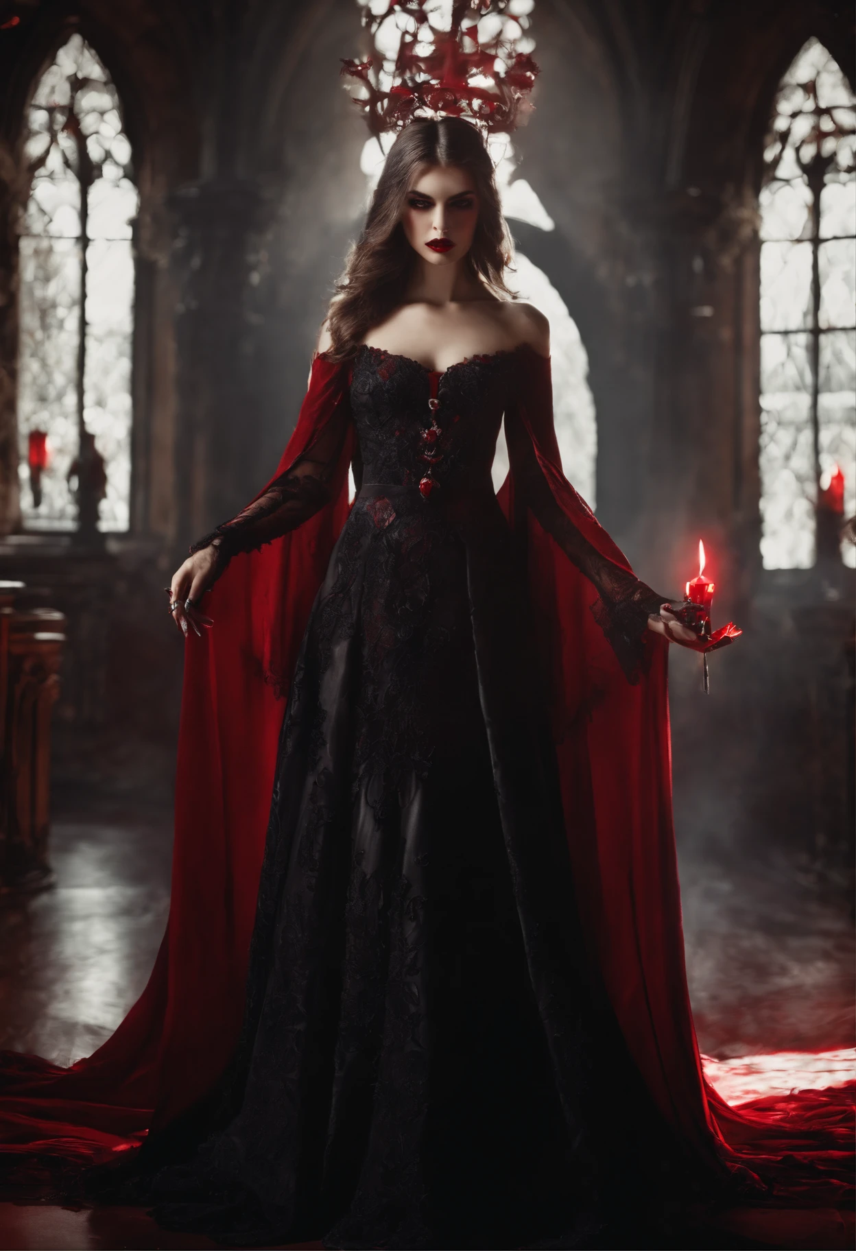 Full body, vampire lord, 1girl, blood halo behind her, long red nails