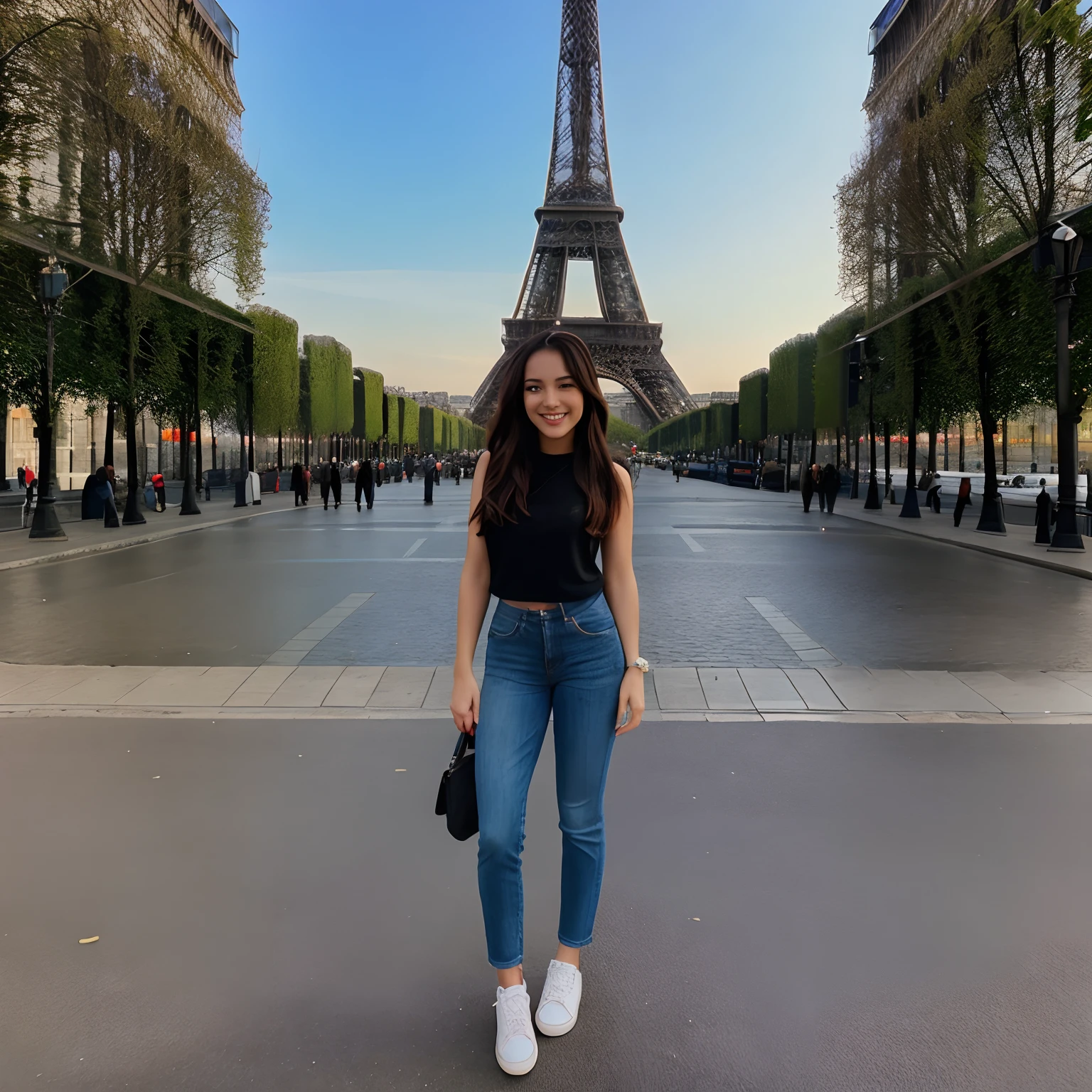 Beautiful woman standing in front of the Eiffel Tower in Paris posing happy with a smile on her face