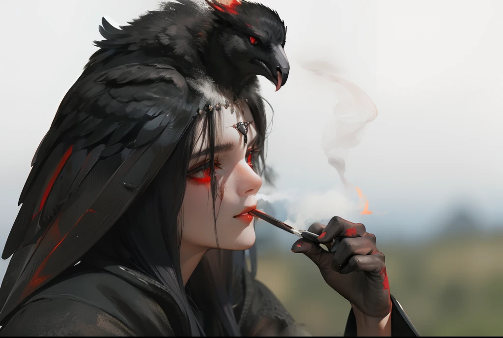 raven, daemon, Smoke, red-eyes, fire