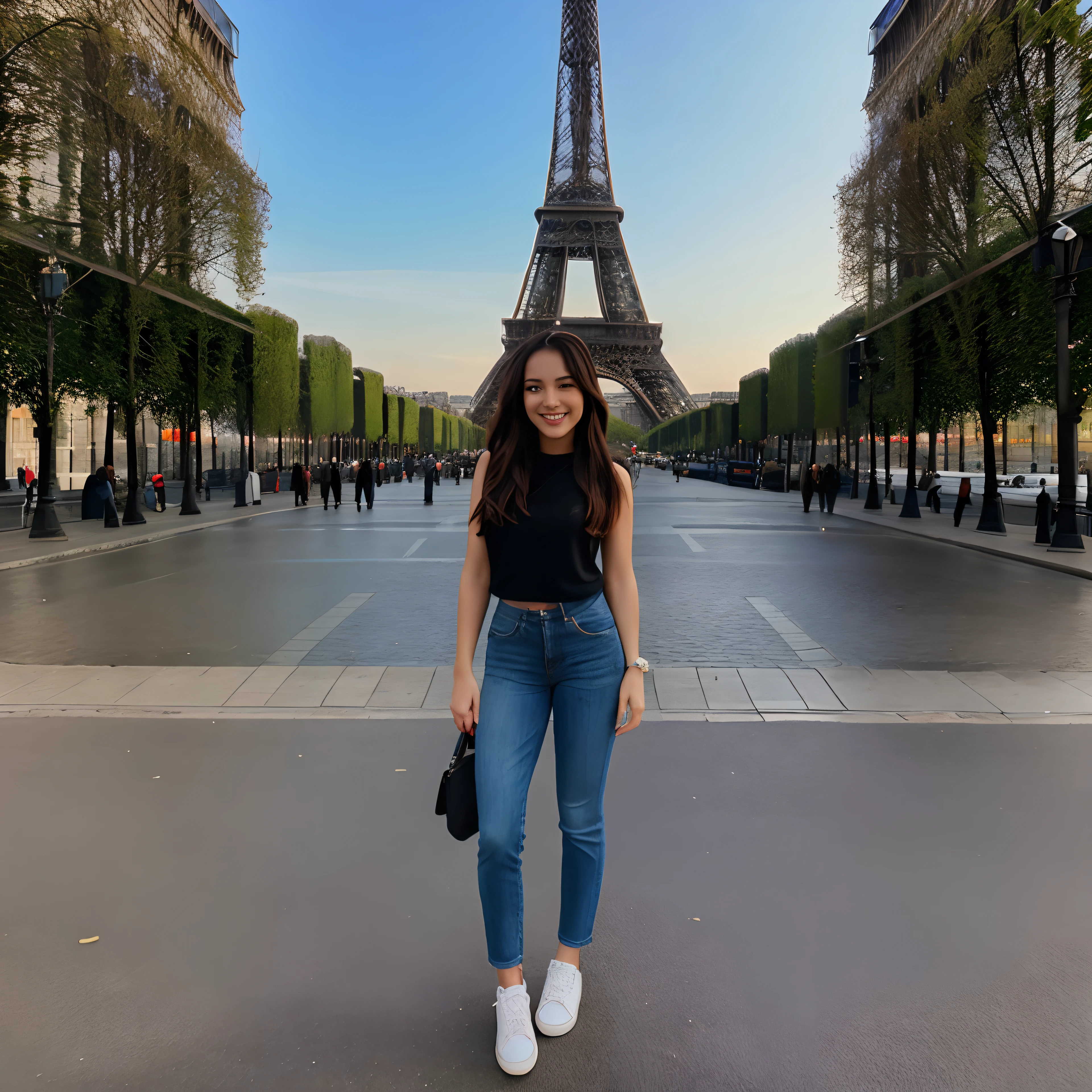 Beautiful woman standing in front of the Eiffel Tower in Paris posing happy with a smile on her face