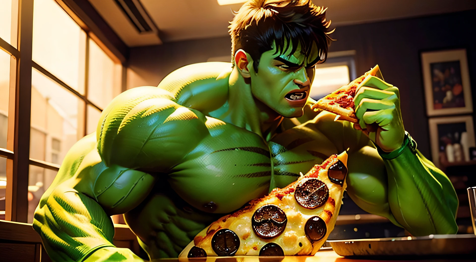 AMAZING SUPERHERO HULK EATING A PIZZA IN A BEAUTIFUL, LIT AND WELL BUZZY PIZZARIA
