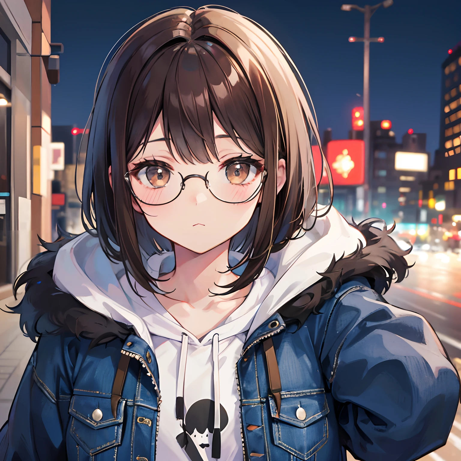 Solo, Adult woman, half rimmed glasses, brown eyes, (brunette, wavy, fluffy: 1.0, inverted bob), (jacket, hoodie, cute), jeans, portrait,  city night, background