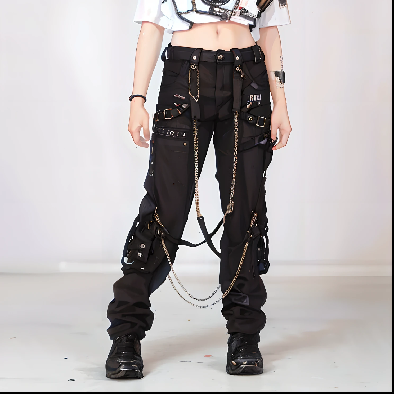 A woman wearing a white shirt and black pants with chains over them, Todas as roupas pretas cyberpunk, mechanic punk outfit, cargo pants. CIDADE CYBERPUNK, roupas de moda cyberpunk, metal garments, goth punk clothes, cybergoth, roupa estilo cyberpunk, Cyberpunk metal brackets, roupas de moda cyberpunk, roupas punk rock, estilo heavy metal, Fotografia de uma mulher techwear, roupas cyberpunk