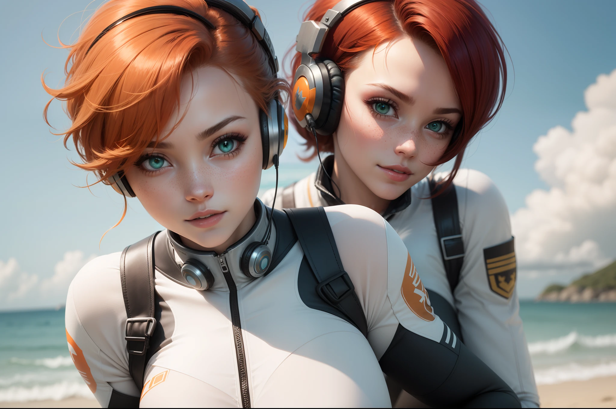gwen tennyson,1girl,tracer,elsa,rebecca chambers,overwatch,gundam,close up,mecha pilot,ocean view,white and blue plugsuit,hair pin,pirate corset, white long sleeve lycra top,orange leggings,short hair,cute makeup,green eyes,orange and blue hair,shy smile, freckles,redhead,beautiful girl,large breasts,ultra detailed,realistic,fantasy art, gaming headset,pilot jacket,helicopter,