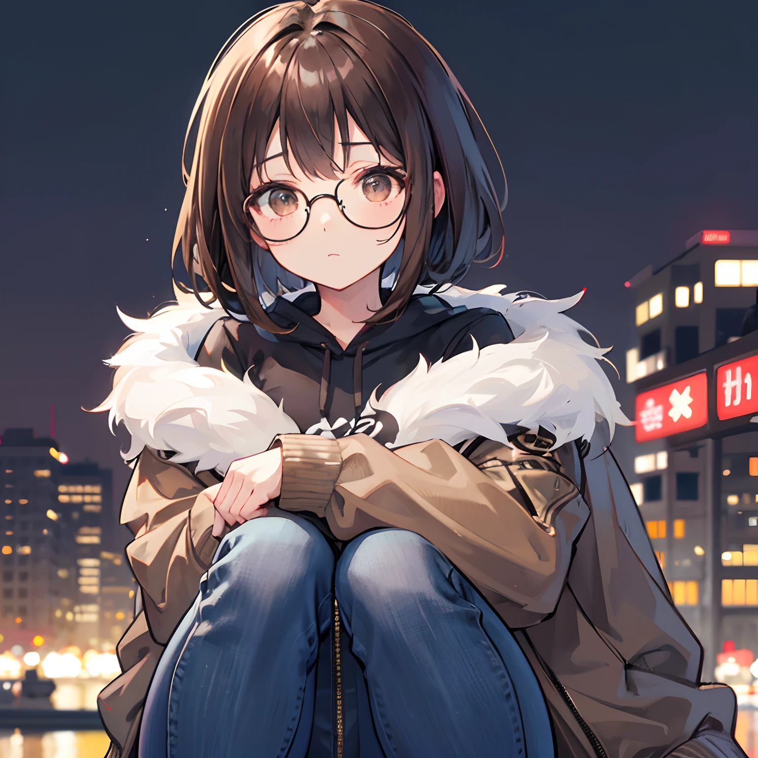 Solo, Adult woman, half rimmed glasses, brown eyes, (brunette, wavy, fluffy: 1.0, inverted bob), (jacket, hoodie, cute), jeans, portrait, city night, background