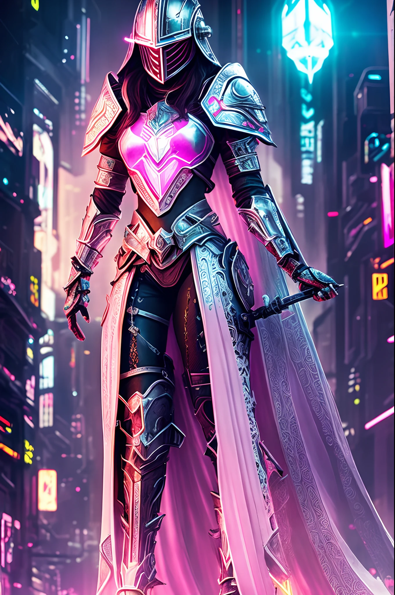 Paladin girl in metal knightly armor and cyberpunk helmet, pink long hair, white cloak, glowing neon, futuristic city, Mixing styles, higly detailed, Realistic full-length photo