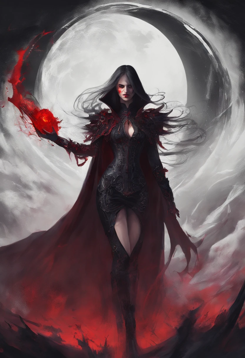 Full body, vampire lord, 1girl, blood halo behind her, long red nails